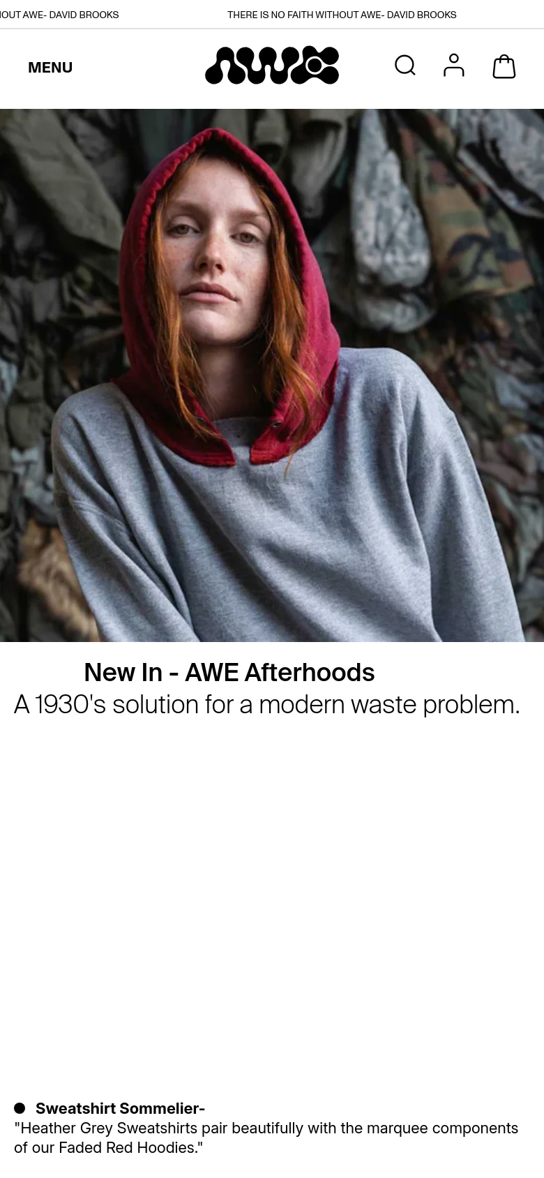 The mobile version presents a vertically stacked layout, starting with a top navigation bar containing a menu icon, logo, search, user, and cart icons. Below this, a large full-width hero image of a person in a grey and red hoodie dominates the screen, followed by the 'New In' headline and descriptive text centered underneath.
