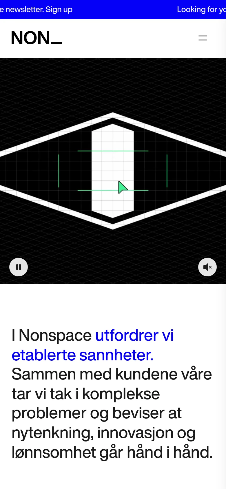The mobile version simplifies the layout, displaying a smaller 'NON_' logo and a hamburger menu icon at the top. The hero section remains dark with the geometric diamond graphic, but the text content below is stacked vertically for easier scrolling on a narrow screen.