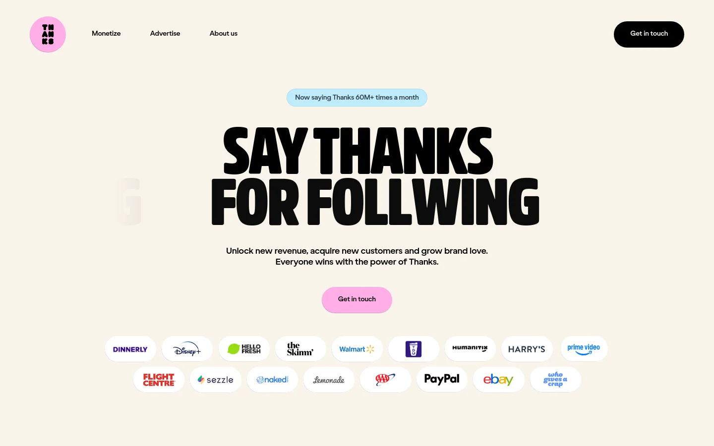 Thanks homepage featuring a bold, maximalist design with oversized black typography reading Say Thanks for following. The layout uses a cream and soft pink palette with playful 3D-style stickers and a logo cloud of clients like Disney+, PayPal, and Walmart. A prominent Get in touch call-to-action button sits below the hero text.