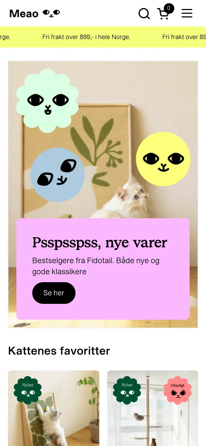 The mobile version presents a vertically stacked layout starting with a large hero image featuring cat products and a prominent pink call-to-action box. Below the hero section, the 'Kattenes favoritter' product grid begins, showing product cards with images and labels. The header is condensed into a hamburger menu, search icon, and shopping cart icon.