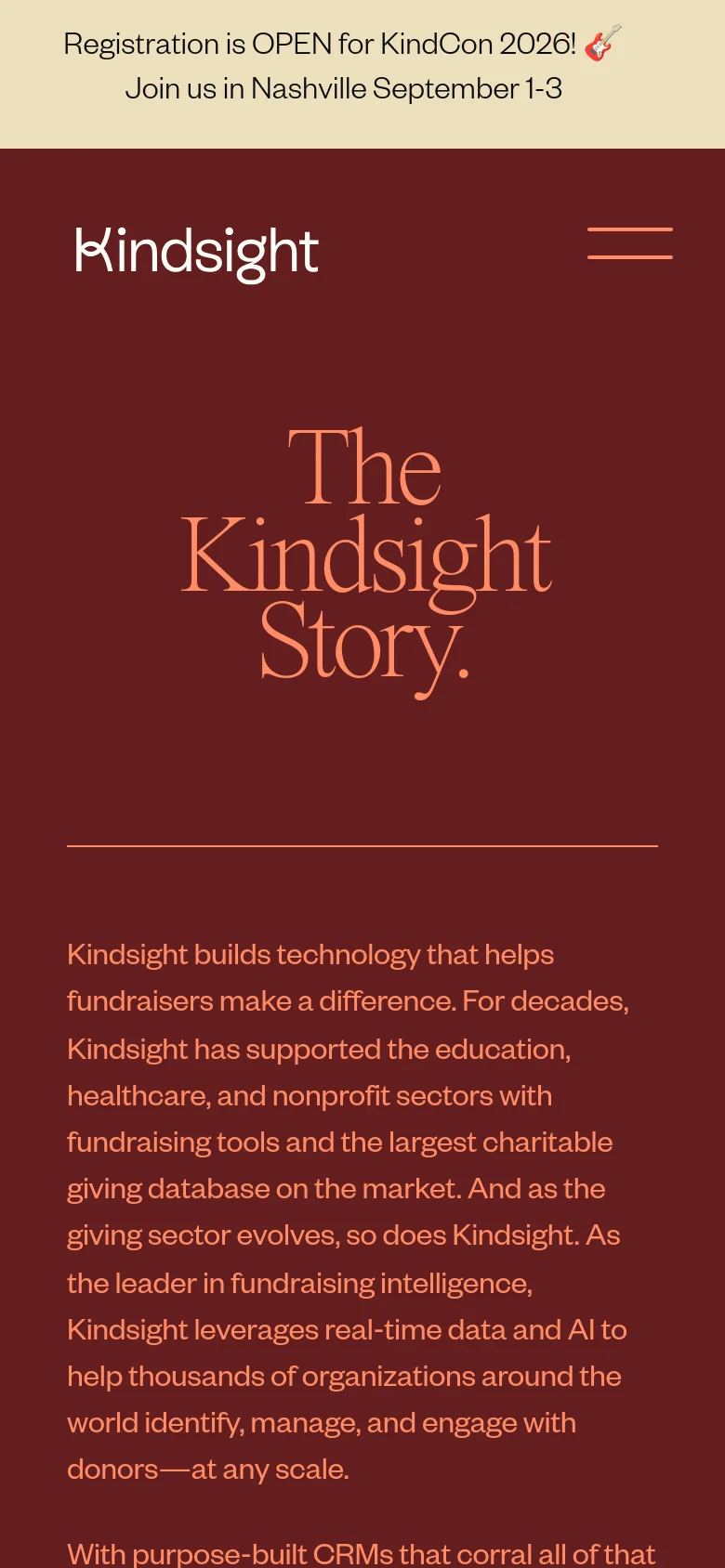 The mobile version maintains the deep maroon background and large serif typography but uses a simplified layout. The navigation menu is collapsed into a hamburger icon in the top right, and the text content is stacked vertically in a single column for easier scrolling.