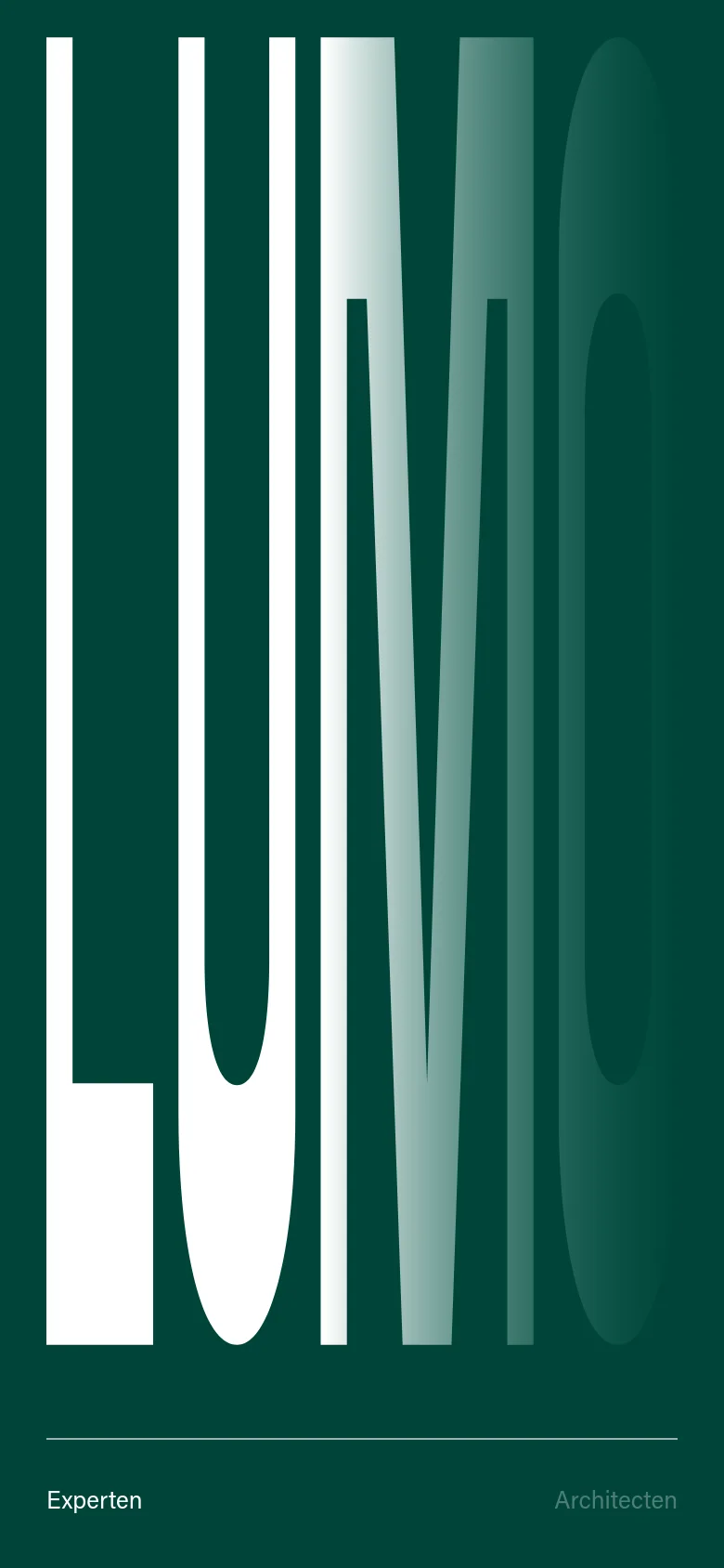 The mobile version maintains the minimalist aesthetic but uses a dark forest green background with the 'LUMO' typography in white and light grey gradients. The navigation links 'Experten' and 'Architecten' are positioned at the bottom of the screen below a thin horizontal line.