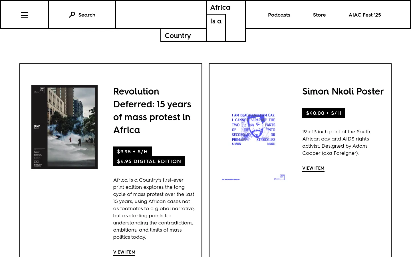 The desktop store page features a clean, minimalist layout with a white background and black text. Products are displayed in large, side-by-side rectangular blocks containing a product image, a bold headline, price, description, and a 'View Item' link. The navigation bar at the top includes a search icon and links for Podcasts, Store, and AIAC Fest '25.