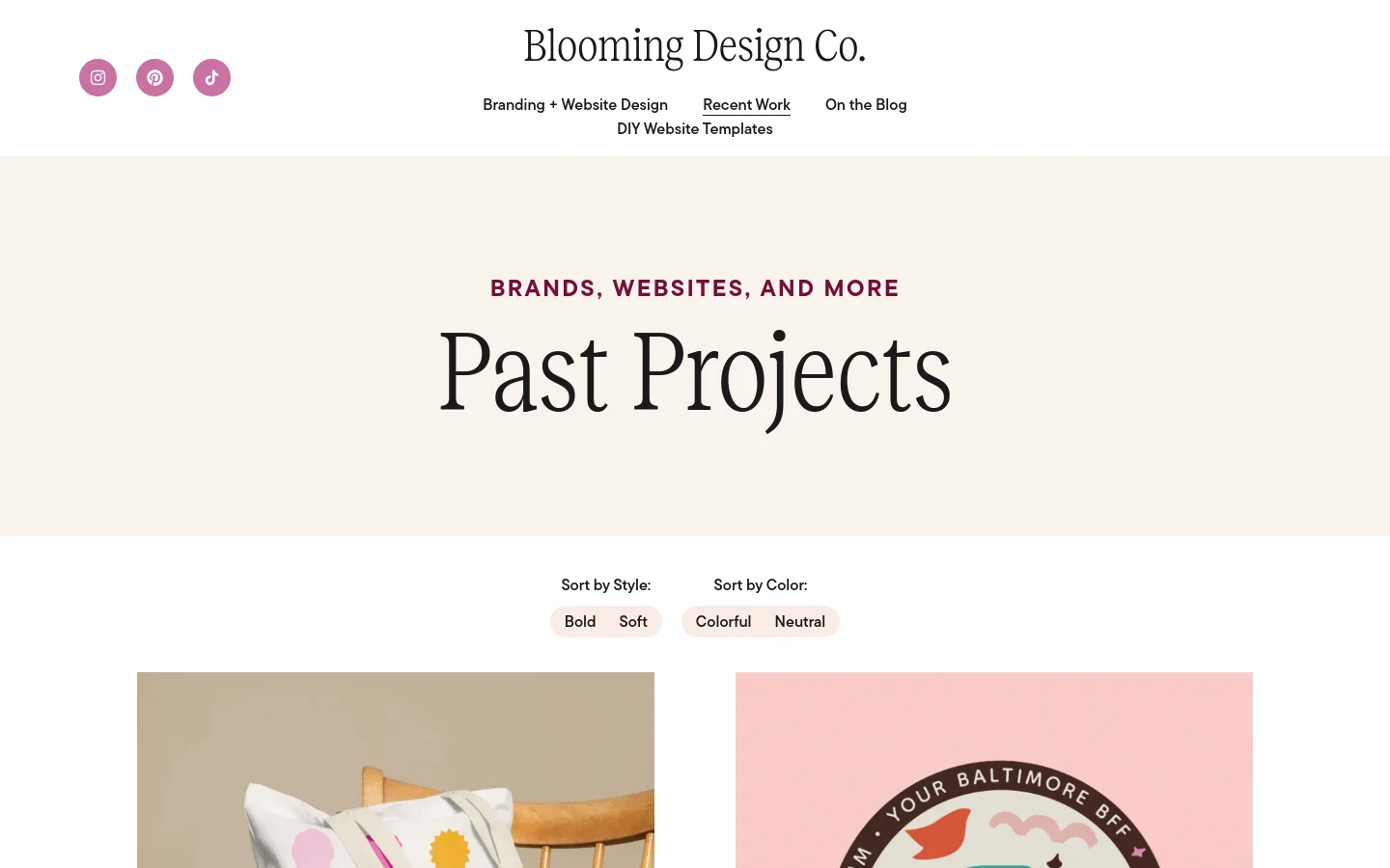 The desktop portfolio page features a minimalist design with a cream background and large serif typography. A header contains the brand name, social icons, and navigation links, followed by a hero section titled 'Past Projects' and filter buttons for style and color. Below, a grid of project images with titles like 'Enneagram Ashton' is displayed.