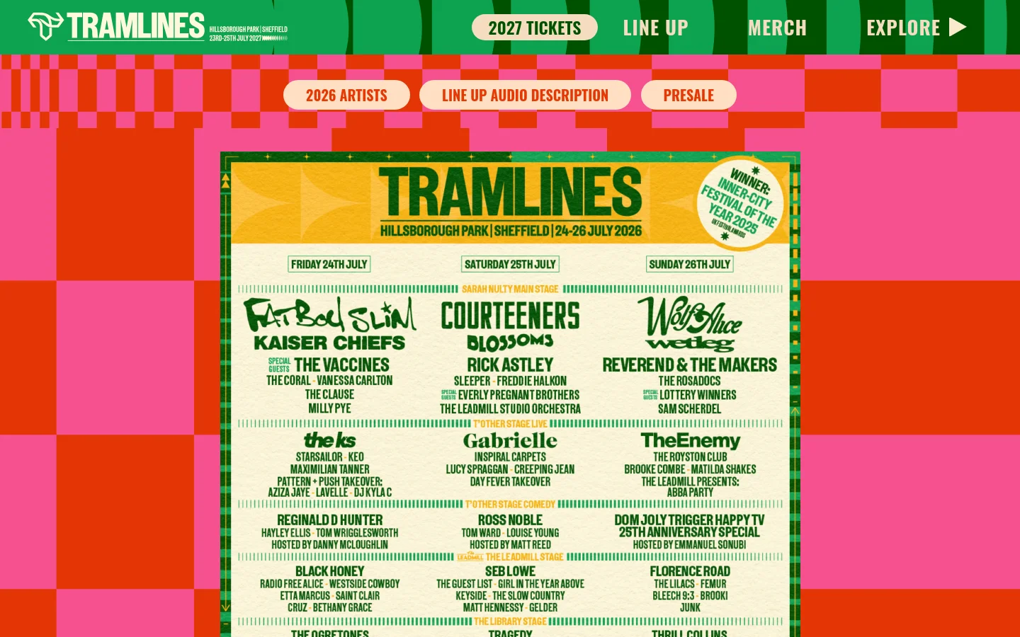 The desktop version features a green navigation bar with links for tickets, line up, merch, and explore. Below, a red and pink checkered pattern sits above a large, colorful festival lineup poster displaying artist names organized by date and stage on a yellow background. Three white buttons for '2026 Artists', 'Line Up Audio Description', and 'Presale' are positioned above the poster.
