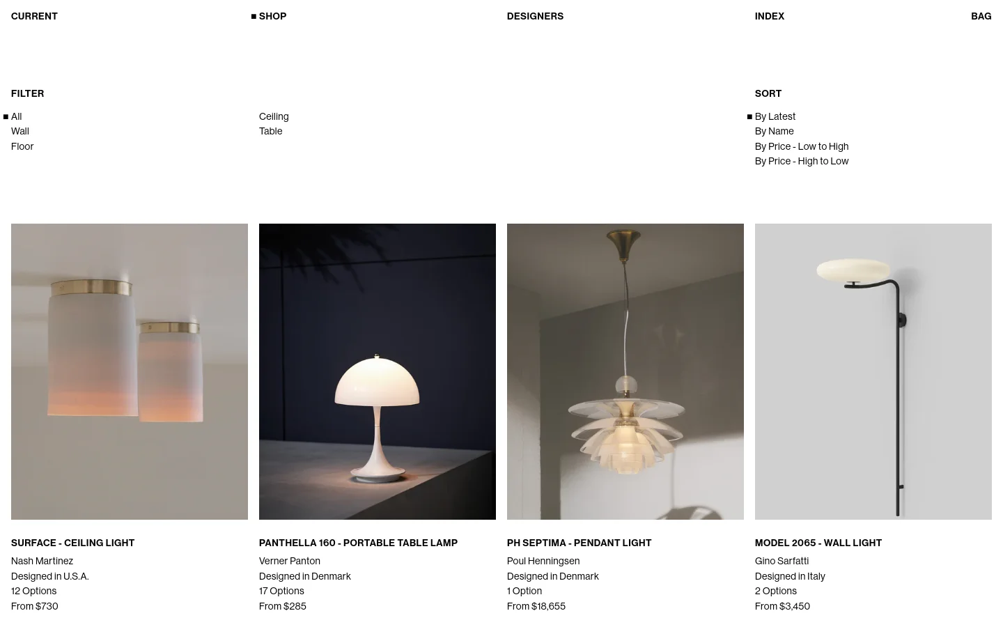 The desktop shop page features a minimalist white layout with a top navigation menu including Shop, Designers, and Bag. A filter and sort section is organized in columns above a grid of high-quality product images showcasing various lighting fixtures. Each product listing includes a large photo, the product name, designer, origin, number of options, and starting price.