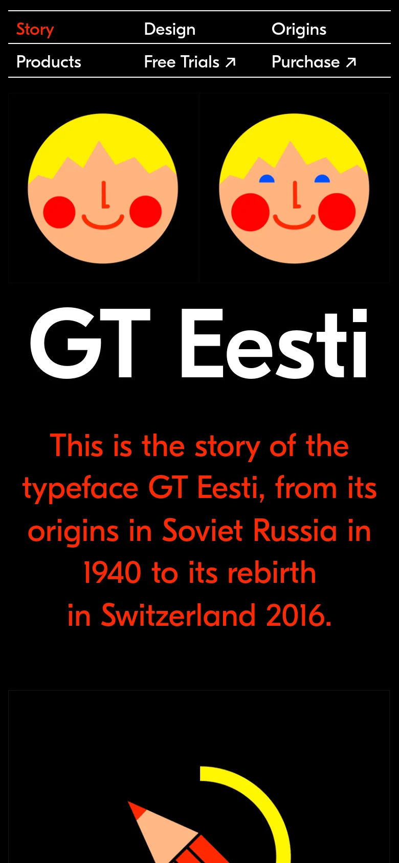 The mobile version uses a similar black background and high-contrast color scheme but rearranges the navigation into a two-row grid at the top. The hero imagery features the same two character faces and large white 'GT Eesti' text, with the introductory story text appearing in red below the title.