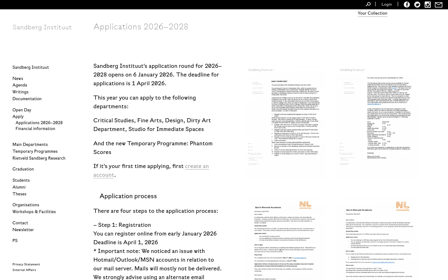 The desktop page for Sandberg Instituut features a minimalist white layout with black text. The headline 'Applications 2026–2028' is followed by text explaining application dates and available departments like Critical Studies and Design. To the right, several vertical, long-form document previews are displayed in a grid-like fashion.