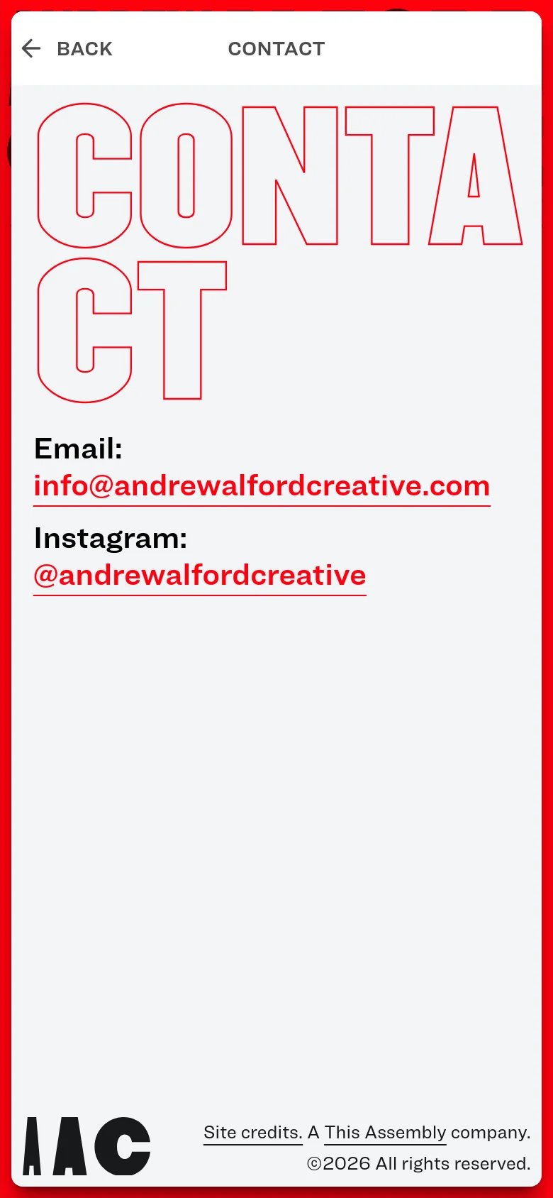 The mobile version uses a single-column layout with a white background and a red border. The word 'CONTACT' is displayed in massive orange outlined letters at the top, followed by the email and Instagram handles as prominent, underlined links. The 'AAC' logo and site credits appear at the bottom of the screen.