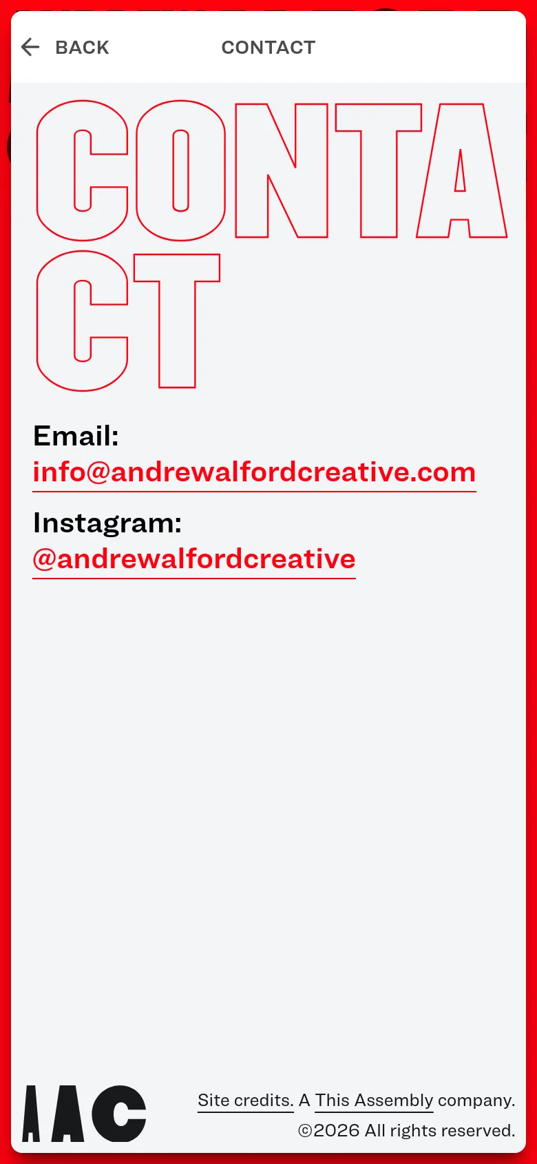 The mobile version uses a single-column layout with a white background and a red border. The word 'CONTACT' is displayed in massive orange outlined letters at the top, followed by the email and Instagram handles as prominent, underlined links. The 'AAC' logo and site credits appear at the bottom of the screen.