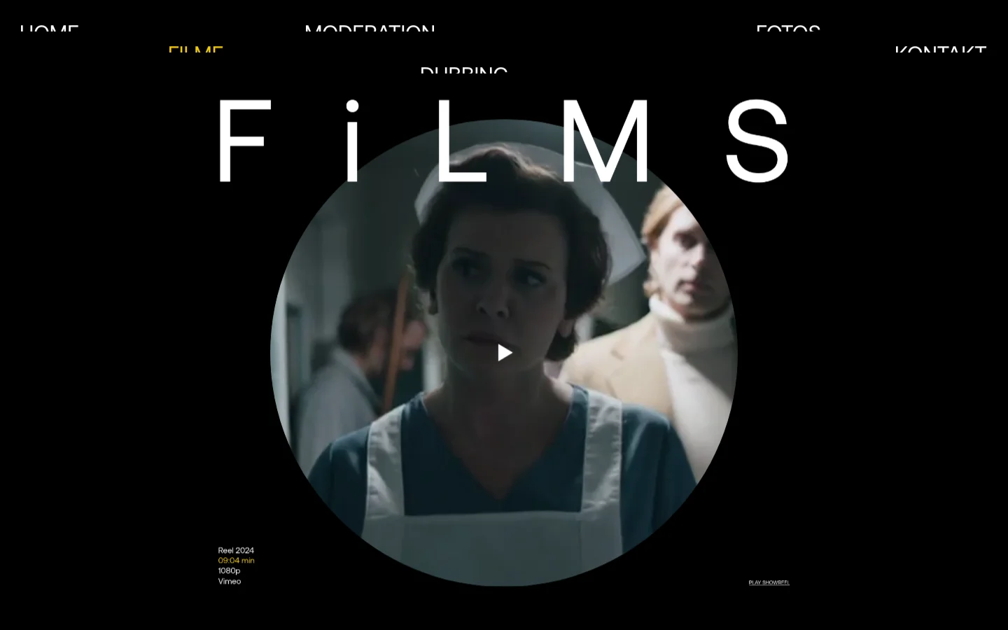 The desktop website features a dark theme with a large, centered circular video player showcasing a cinematic close-up of an actress. The word 'FiLMS' is displayed in large white typography behind and around the circle, with a navigation menu at the top and 'PLAY SHOWREEL' text at the bottom right.