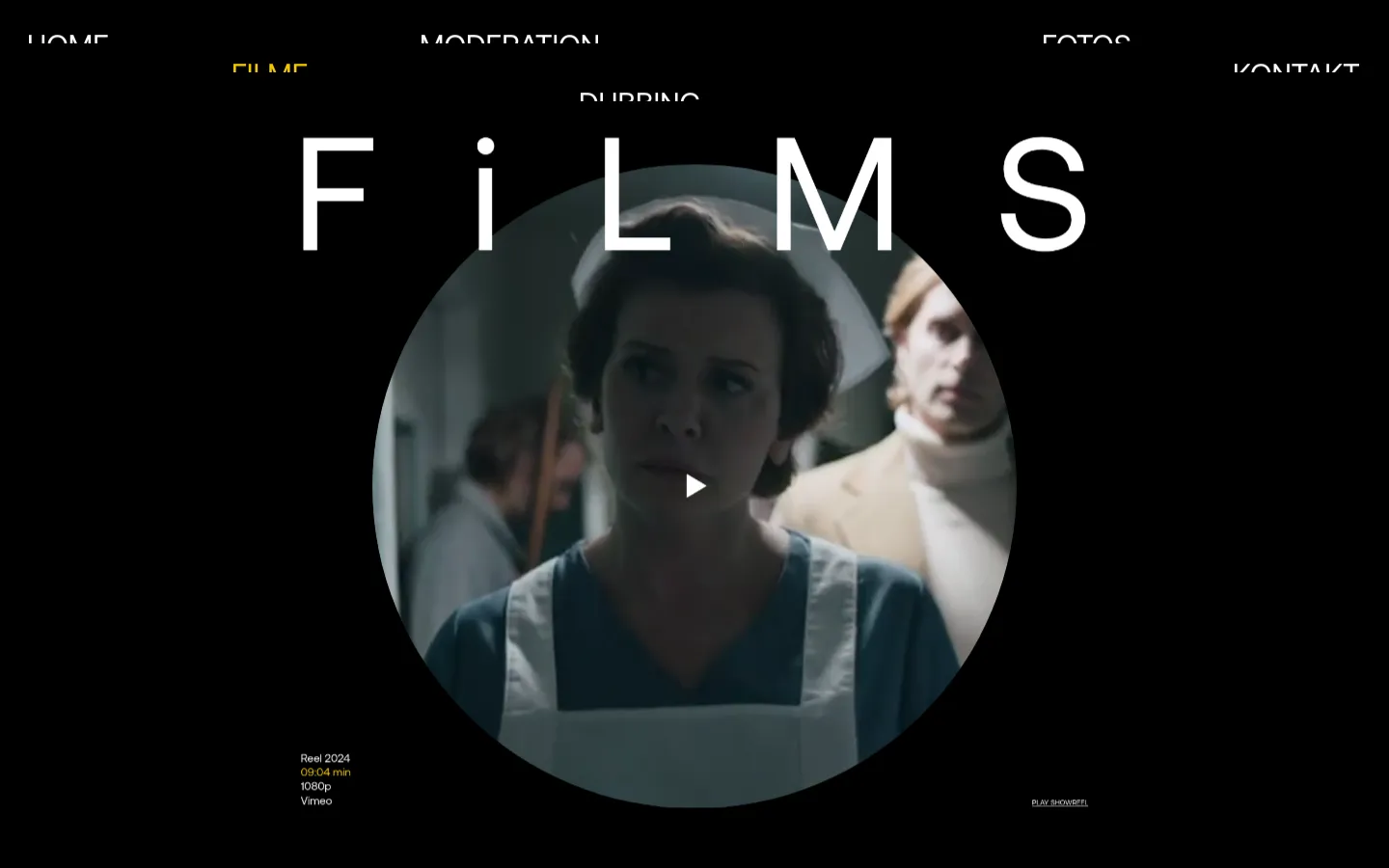 The desktop website features a dark theme with a large, centered circular video player showcasing a cinematic close-up of an actress. The word 'FiLMS' is displayed in large white typography behind and around the circle, with a navigation menu at the top and 'PLAY SHOWREEL' text at the bottom right.