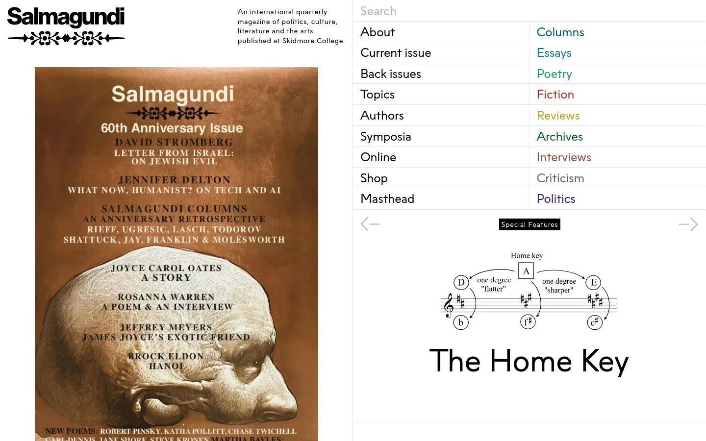 The desktop homepage features a split layout with a large image of the Salmagundi 60th Anniversary magazine cover on the left and a multi-column navigation menu on the right. The menu includes links like About, Current issue, and various content categories such as Essays and Poetry, set against a clean white background. A large headline 'The Home Key' is visible below the menu section.
