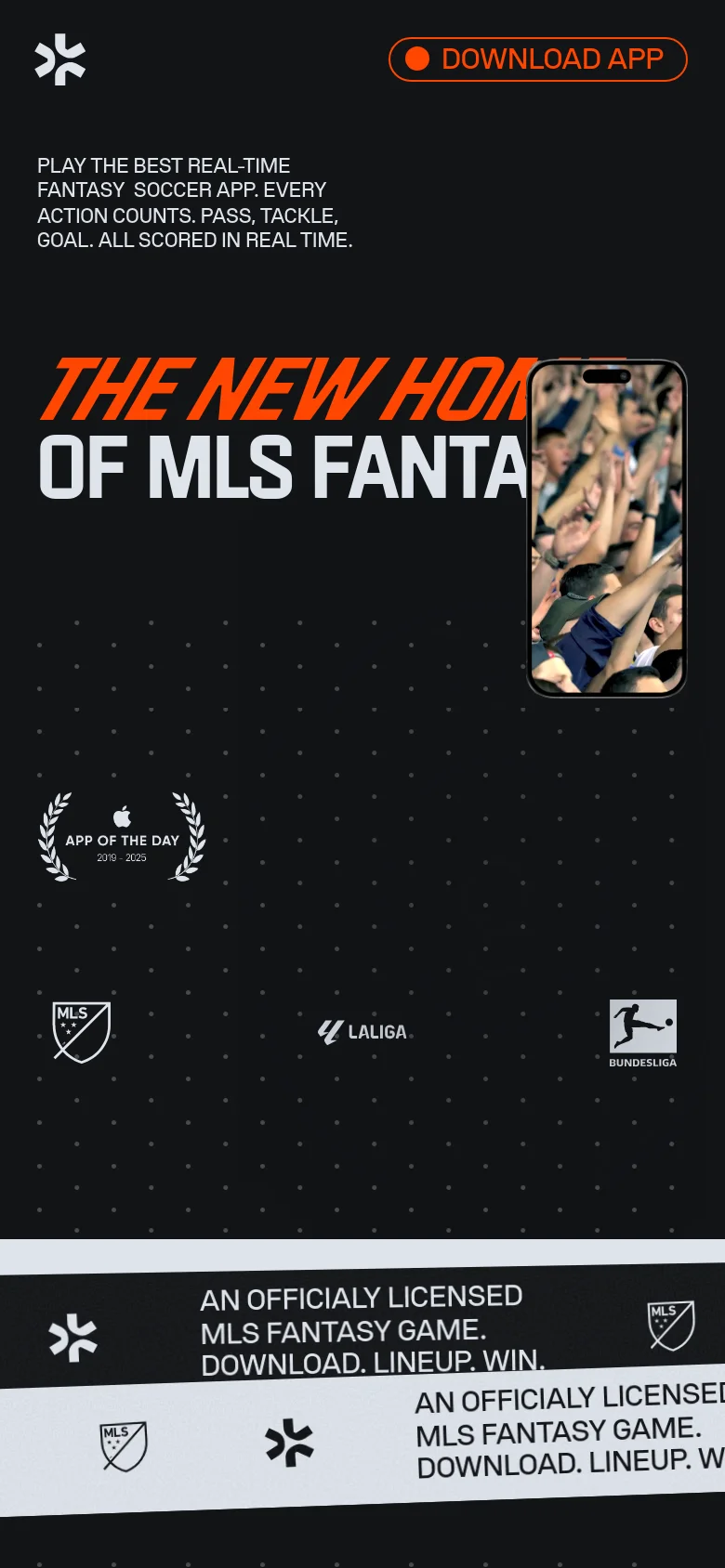 The mobile version uses a vertical layout with the 'DOWNLOAD APP' button at the top and the Kickbase logo on the left. The hero text is stacked, and the smartphone mockup is positioned to the right of the main headline, with league logos and the 'App of the Day' badge arranged in a single column below.