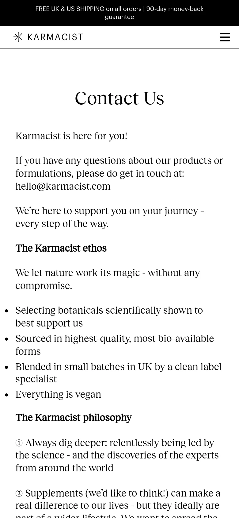 The mobile version maintains the minimalist white and black aesthetic but uses a stacked single-column layout for better readability. The top navigation is condensed into a hamburger menu next to the logo, and the text content, including the ethos and philosophy sections, is scaled to fit the narrower screen width.
