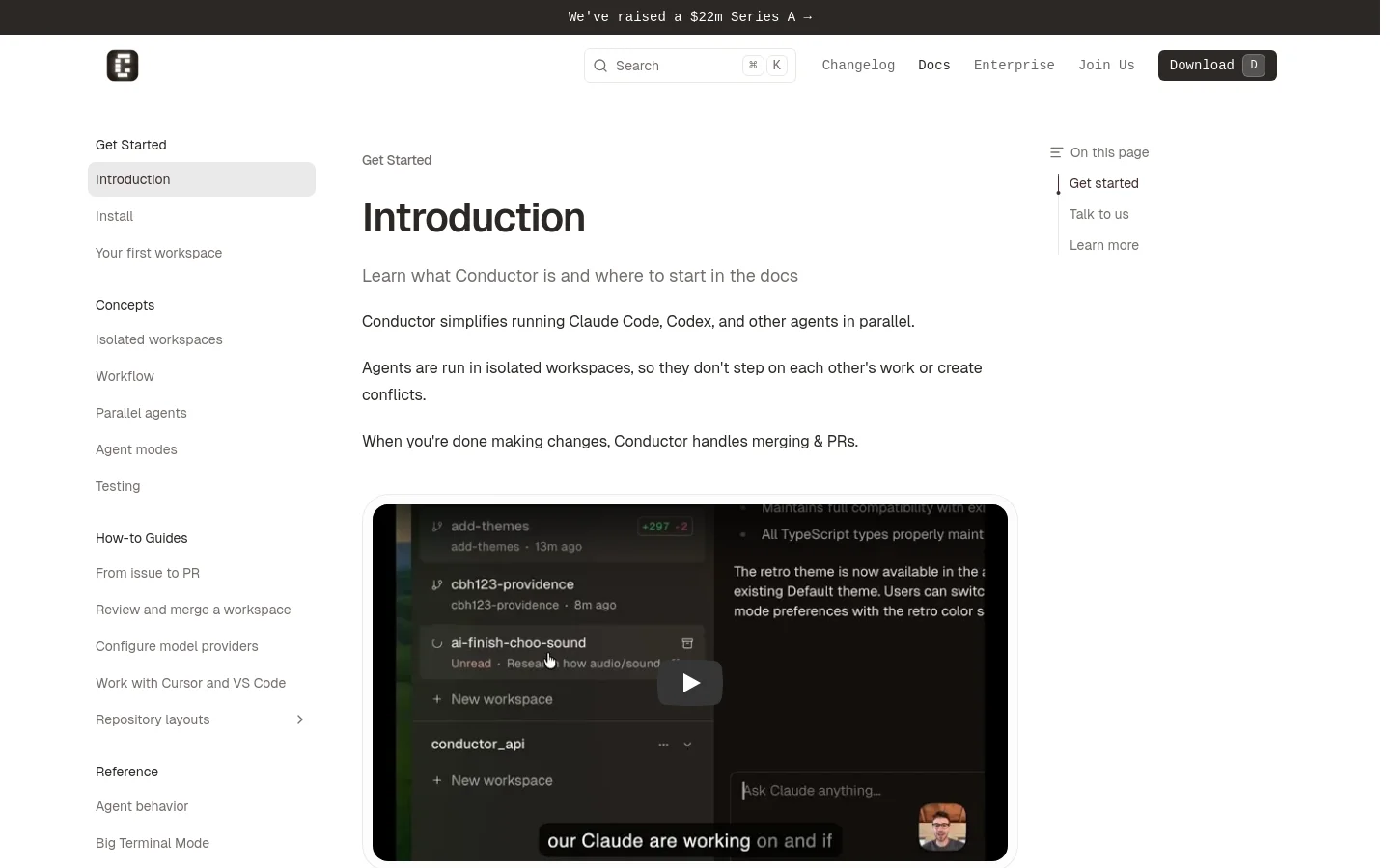 The desktop documentation page features a clean white layout with a left-hand navigation sidebar containing links like 'Introduction', 'Install', and 'Concepts'. The main content area displays a large 'Introduction' heading, descriptive text about Conductor, and a dark-themed UI screenshot showing code and terminal activity. A top navigation bar includes a search field, links for Changelog, Docs, and Enterprise, and a 'Download' button.
