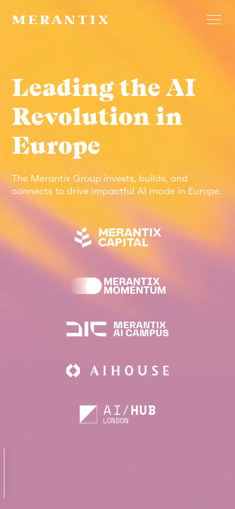 The mobile version uses a similar warm, abstract gradient background but features a simplified layout. The main headline and description are centered, followed by a vertical stack of white sub-brand logos including Merantix Capital, Momentum, AI Campus, AI House, and AI Hub London. The navigation is condensed into a hamburger menu icon in the top right.