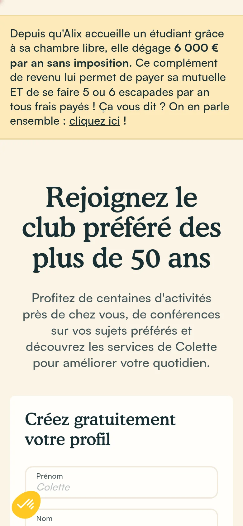 The mobile version presents a vertically stacked layout optimized for small screens. The hero section features the headline 'Rejoignez le club préféré des plus de 50 ans' followed by app download buttons, with the sign-up form appearing below the main text. Activity cards are displayed in a single-column format for easier scrolling, and the media logos are arranged in a compact grid at the bottom.