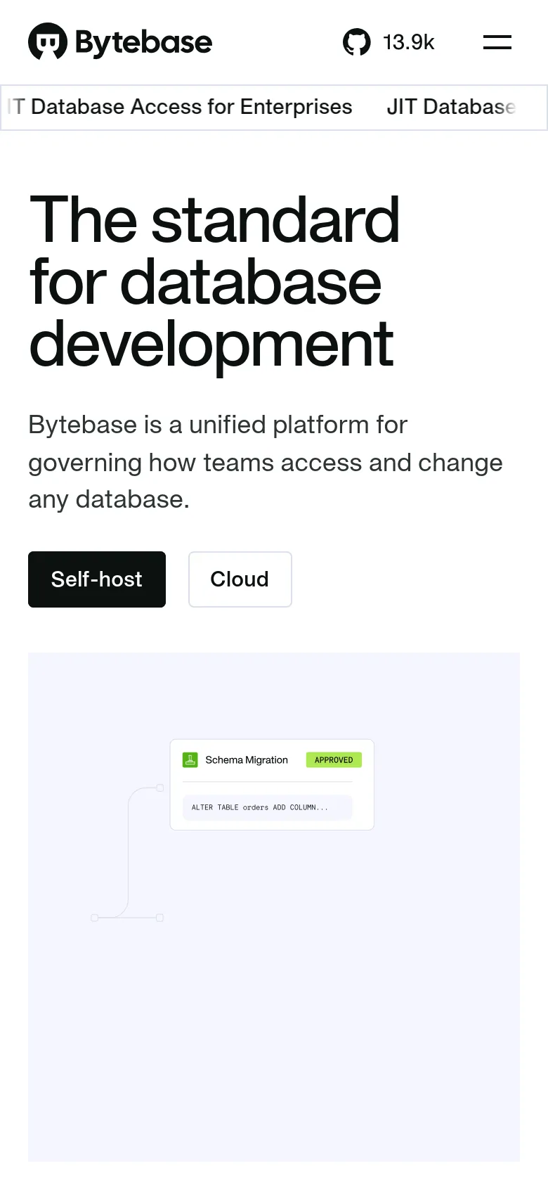 The mobile version presents a vertically stacked layout optimized for small screens. The hero headline and description are centered at the top, followed by the 'Self-host' and 'Cloud' buttons arranged vertically. The complex database operation graphic is scaled down and positioned below the main text to maintain a single-column flow.