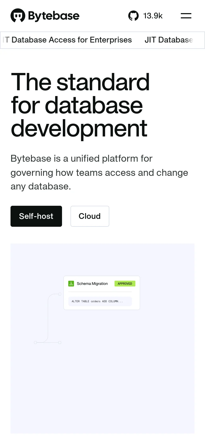 The mobile version presents a vertically stacked layout optimized for small screens. The hero headline and description are centered at the top, followed by the 'Self-host' and 'Cloud' buttons arranged vertically. The complex database operation graphic is scaled down and positioned below the main text to maintain a single-column flow.