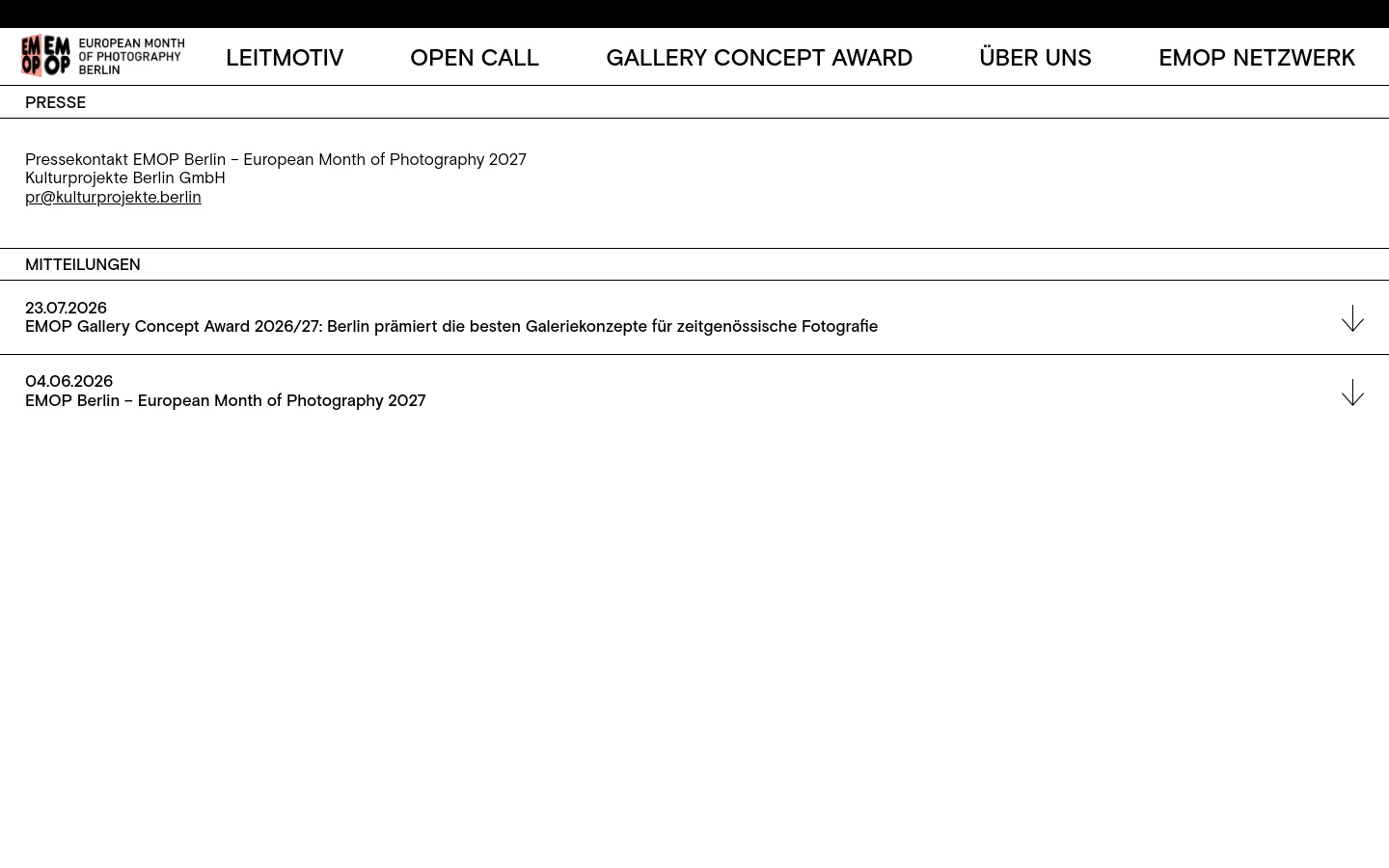 The desktop version of the Presse page features a clean, minimalist white layout with a top navigation bar containing the EMOP logo and links like 'Leitmotiv' and 'Open Call'. The main content area displays press contact information followed by a 'Mitteilungen' section with dated news entries, each including a headline and a download link. The text is black on a white background, creating a high-contrast, professional look.