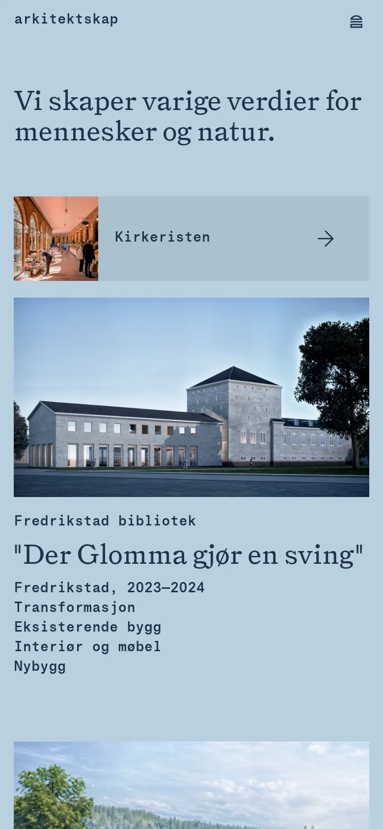 The mobile version uses a single-column layout on a light blue background. The large serif headline is followed by a full-width 'Kirkeristen' project card, with project images and text stacked vertically below it. The navigation is condensed into a hamburger menu icon in the top right.