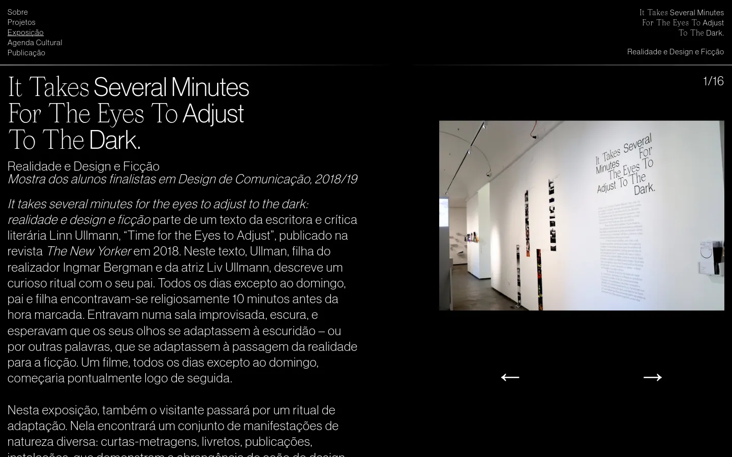 The desktop page features a minimalist black background with white text and a large photograph of a bright white gallery space on the right. The layout includes a navigation menu on the left, a large serif headline, and a long column of descriptive text about the design exhibition.