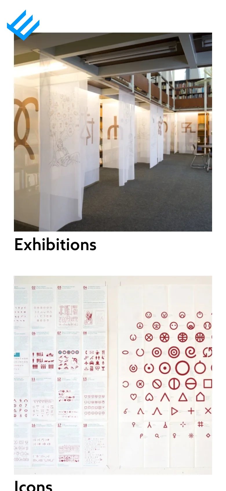 A single-column vertical list of large project tiles, showing one large preview image followed by its heading per row. The layout is simplified for vertical scrolling, focusing on the 'Exhibitions' and 'Icons' sections with large, clear imagery.
