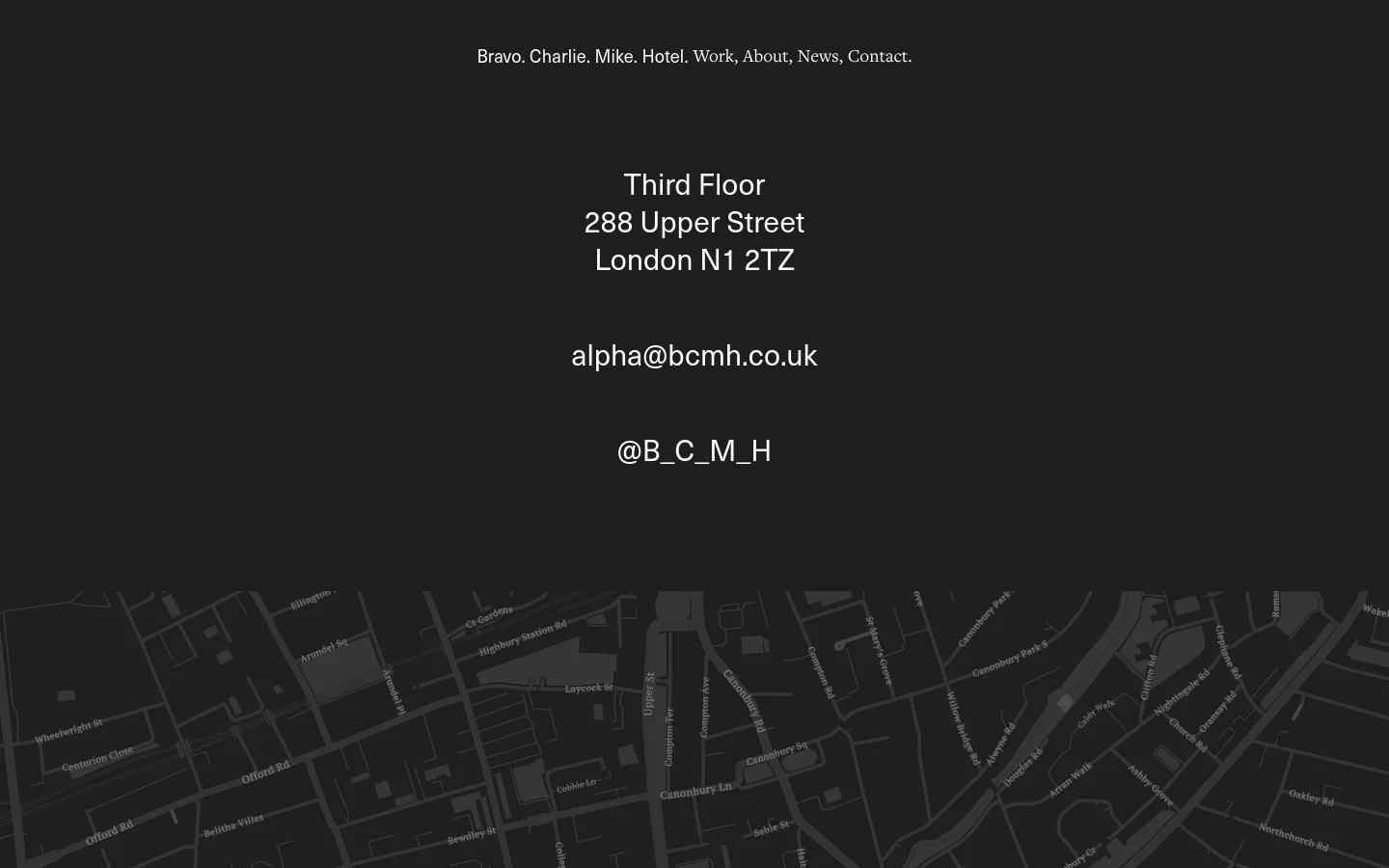 The contact page features a minimalist dark theme with white text centered on the screen. It displays the agency's address, email, and Instagram handle above a large, stylized grayscale map of the London area. A simple navigation menu icon is located in the top right corner.