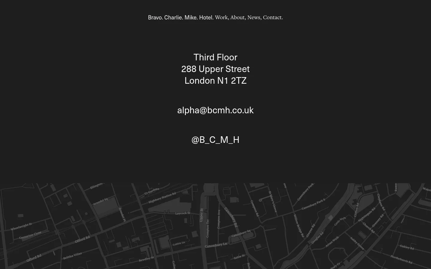 The contact page features a minimalist dark theme with white text centered on the screen. It displays the agency's address, email, and Instagram handle above a large, stylized grayscale map of the London area. A simple navigation menu icon is located in the top right corner.
