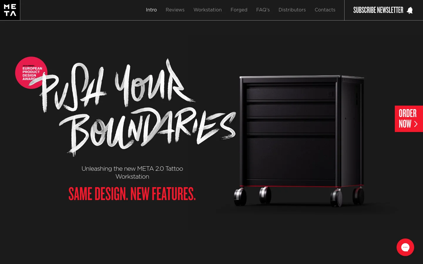 The desktop homepage features a dark, minimalist design with a large hero section displaying a black META 2.0 tattoo workstation on wheels. Large white brushstroke text reads 'PUSH YOUR BOUNDARIES' above the red headline 'SAME DESIGN. NEW FEATURES.' A red 'ORDER NOW' button is positioned on the right side, and a navigation menu sits at the top.