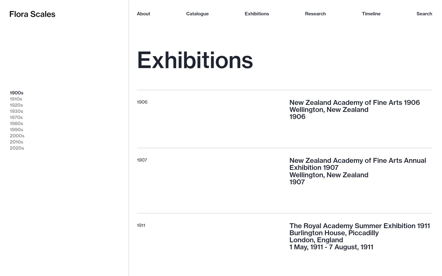 The desktop version of the Exhibitions page features a clean, minimalist white layout with black text. A horizontal navigation menu is at the top, and a vertical list of decades acts as a sidebar on the left. The main content area displays exhibition entries in a list format, with the year on the left and the exhibition title, location, and date on the right.