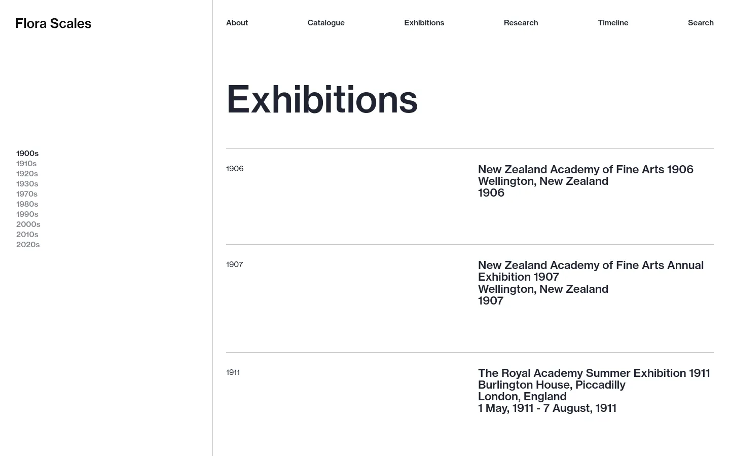 The desktop version of the Exhibitions page features a clean, minimalist white layout with black text. A horizontal navigation menu is at the top, and a vertical list of decades acts as a sidebar on the left. The main content area displays exhibition entries in a list format, with the year on the left and the exhibition title, location, and date on the right.