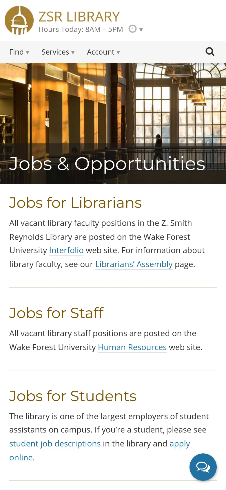 The mobile version presents a single-column vertical layout. The hero image is positioned at the top, spanning the full width with the 'Jobs & Opportunities' title overlaid in white text, followed by the main text content and job categories stacked vertically below it.