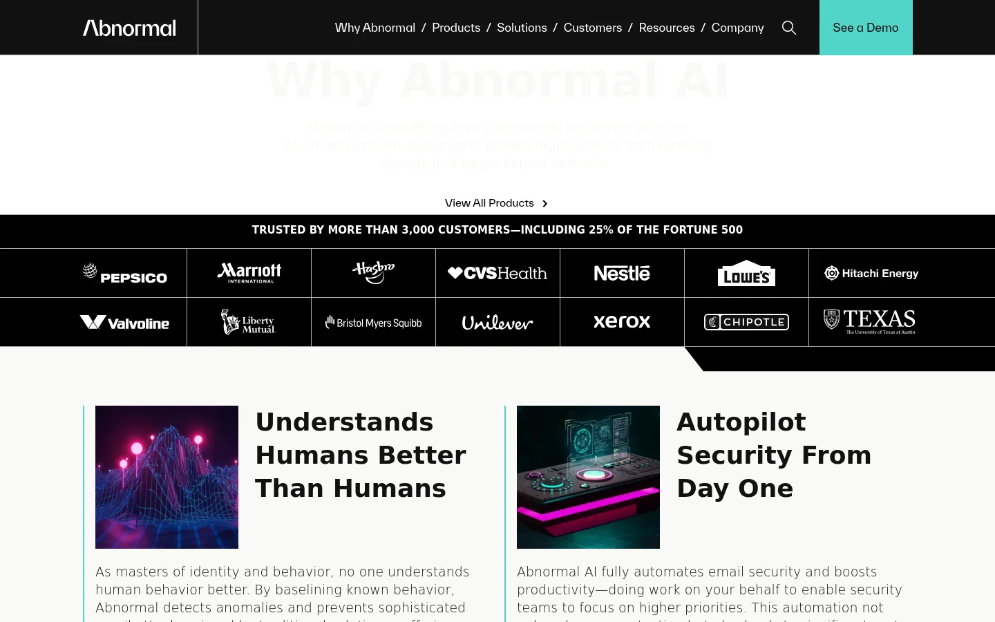 The desktop page features a large hero section with a purple gradient background and white text reading 'Why Abnormal AI'. A navigation bar at the top includes links for Products, Solutions, and Customers, alongside a 'See a Demo' button. Below the hero, content sections use a clean white background with bold black headings and high-contrast imagery, such as a stylized purple landscape and a digital interface.