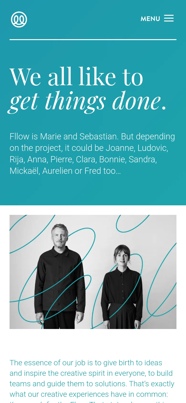 The mobile version uses a teal background with a white logo and a hamburger menu icon labeled 'MENU'. The large headline and introductory text are stacked vertically above a large photograph of the two team members, creating a single-column layout.