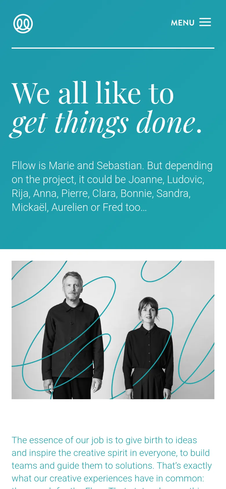The mobile version uses a teal background with a white logo and a hamburger menu icon labeled 'MENU'. The large headline and introductory text are stacked vertically above a large photograph of the two team members, creating a single-column layout.