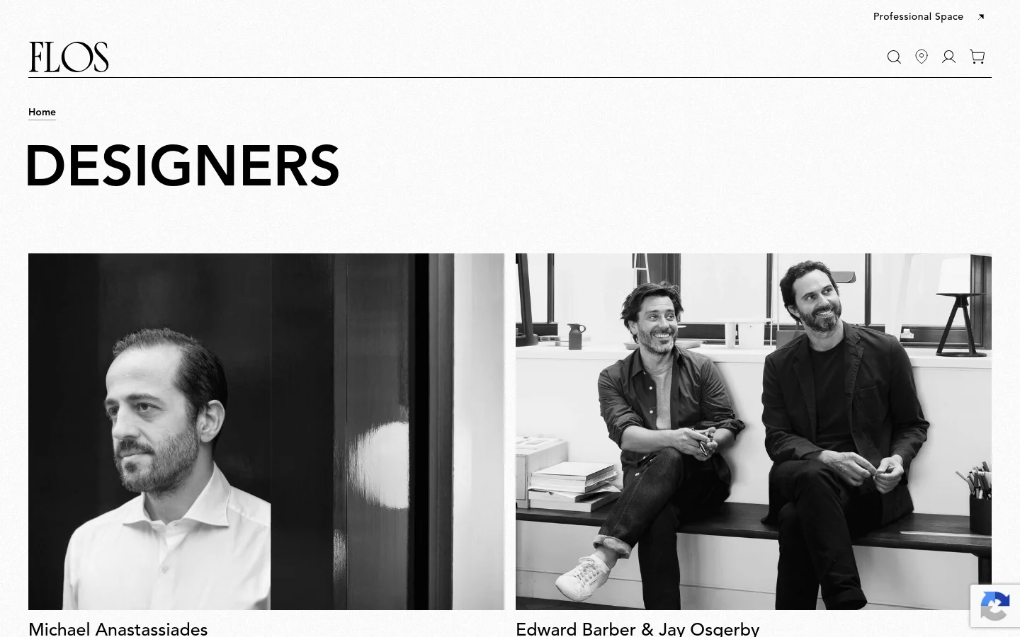 The Designers page features a large 'DESIGNERS' headline on a white background. Below, a grid of black and white portrait photographs showcases various designers, such as Michael Anastassiades and Edward Barber & Jay Osgerby, each accompanied by their name and links to learn more or view their products.