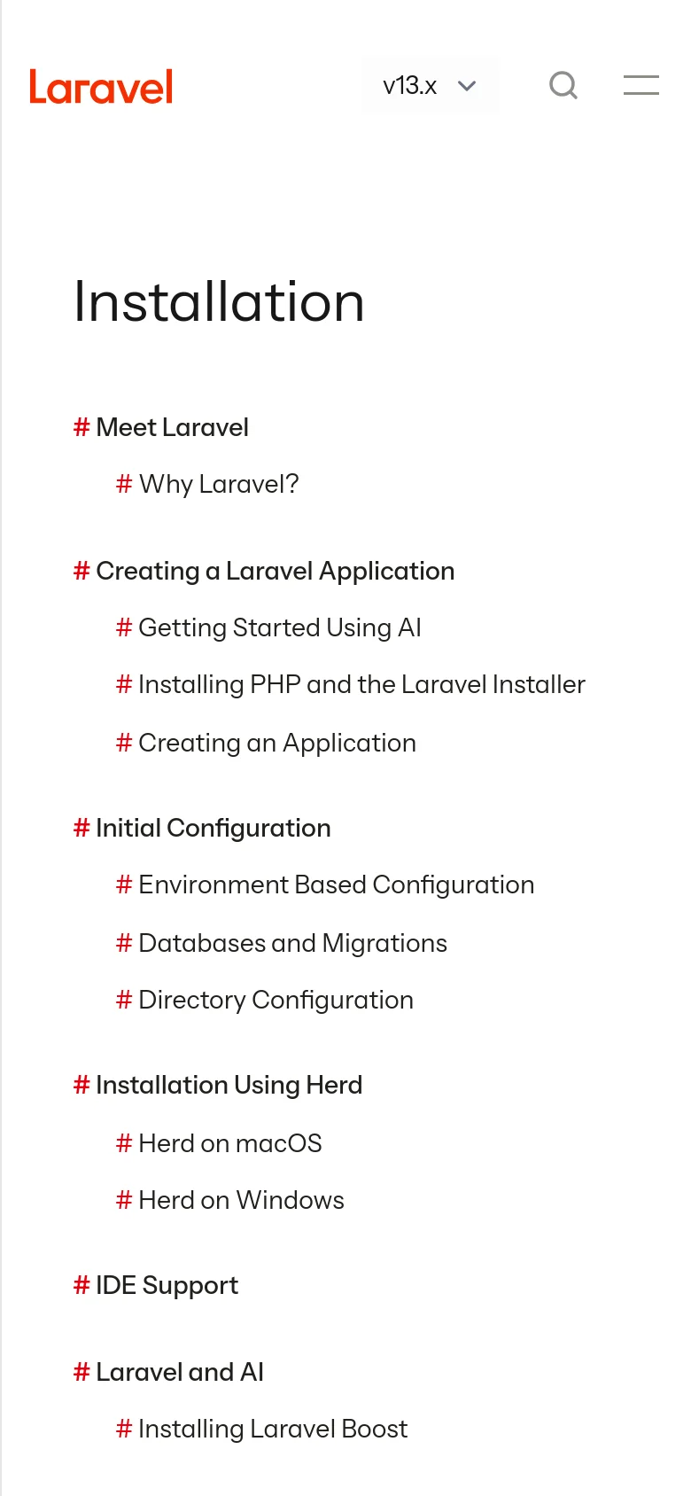 The mobile version simplifies the layout by removing the left and right sidebars, focusing entirely on the main content. The header contains the Laravel logo, a version selector, a search icon, and a hamburger menu icon for navigation. The content displays the 'Installation' heading and various sub-sections with red hash-mark headers.