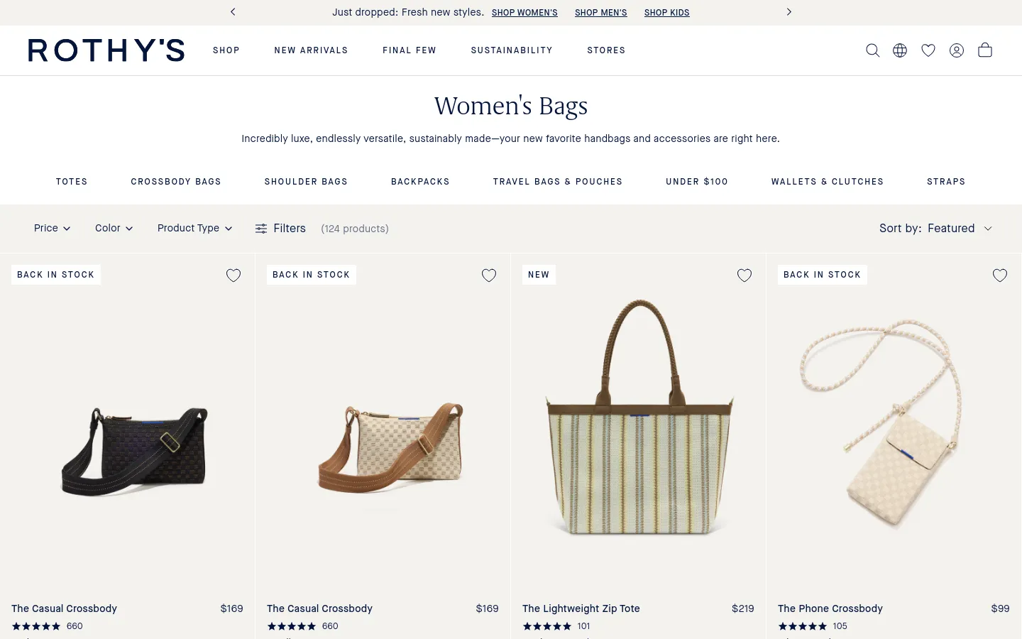 The desktop page for Women's Bags features a clean white background with a centered headline and a sub-headline. Below the text is a horizontal navigation menu for bag categories, followed by filter and sort options. A product grid displays various handbags, such as The Casual Crossbody and The Lightweight Zip Tote, with prices and star ratings visible.