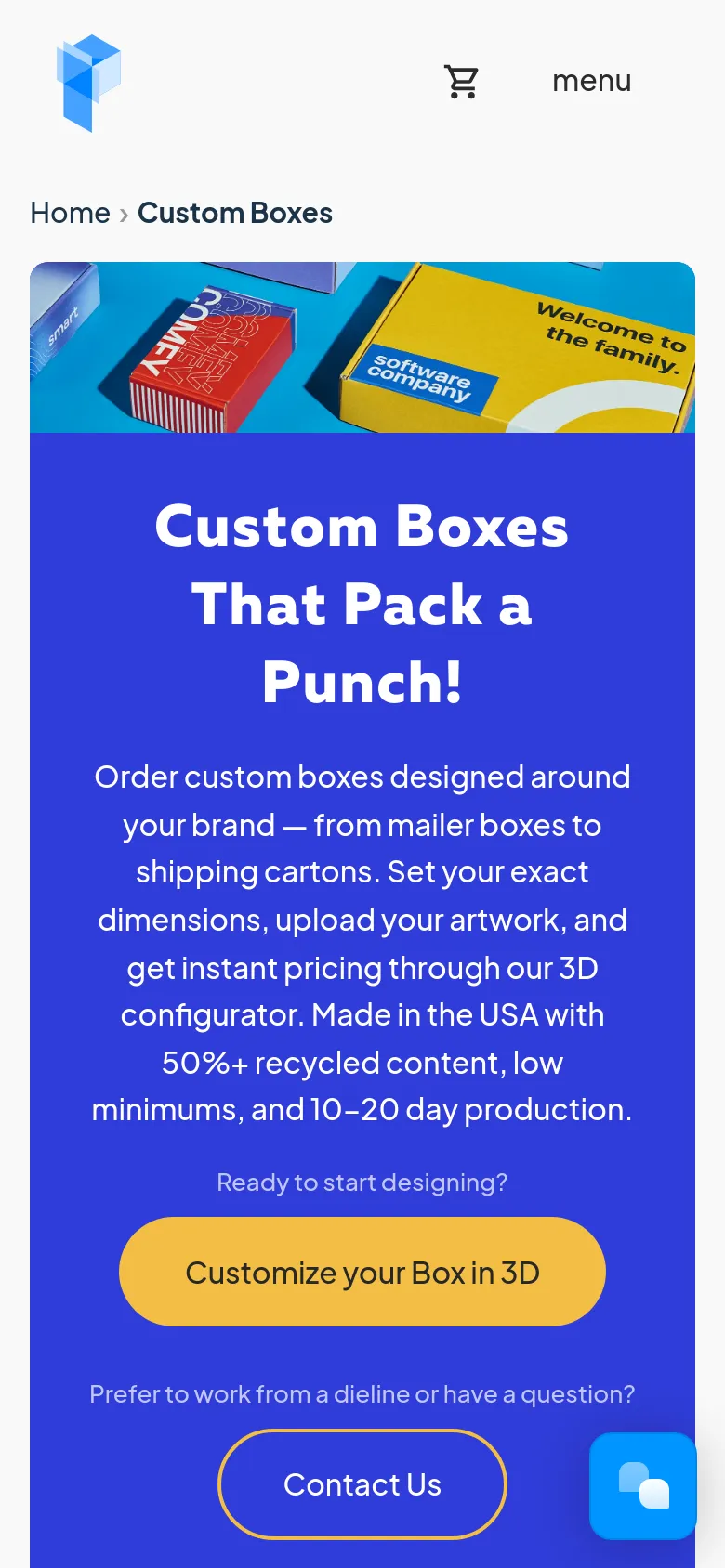 Mobile version of the page with a vertically stacked layout. The hero section features the headline and descriptive text centered over a solid blue background, with the 'Customize your Box in 3D' button appearing as a large gold pill-shaped button. The navigation is condensed into a hamburger menu icon and a shopping cart icon at the top.
