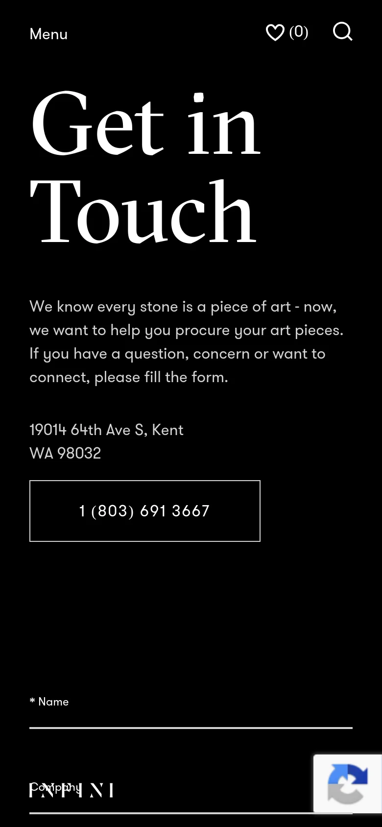 The mobile version uses a vertical stack layout on a black background, starting with a large 'Get in Touch' heading and introductory text. Below this, the address and a prominent button containing the phone number are displayed, followed by the contact form fields arranged in a single column.