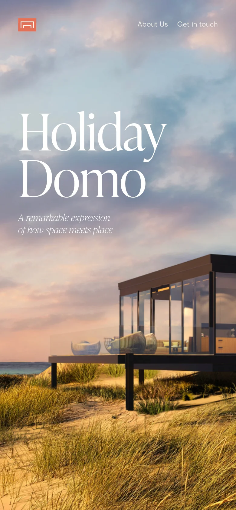 The mobile version presents a vertically oriented view of the hero image, showing the modern glass bungalow nestled in beach grass under a sunset sky. The 'Holiday Domo' headline and subheadline are centered and stacked vertically, with the Stella Domo logo in the top left and navigation links in the top right.
