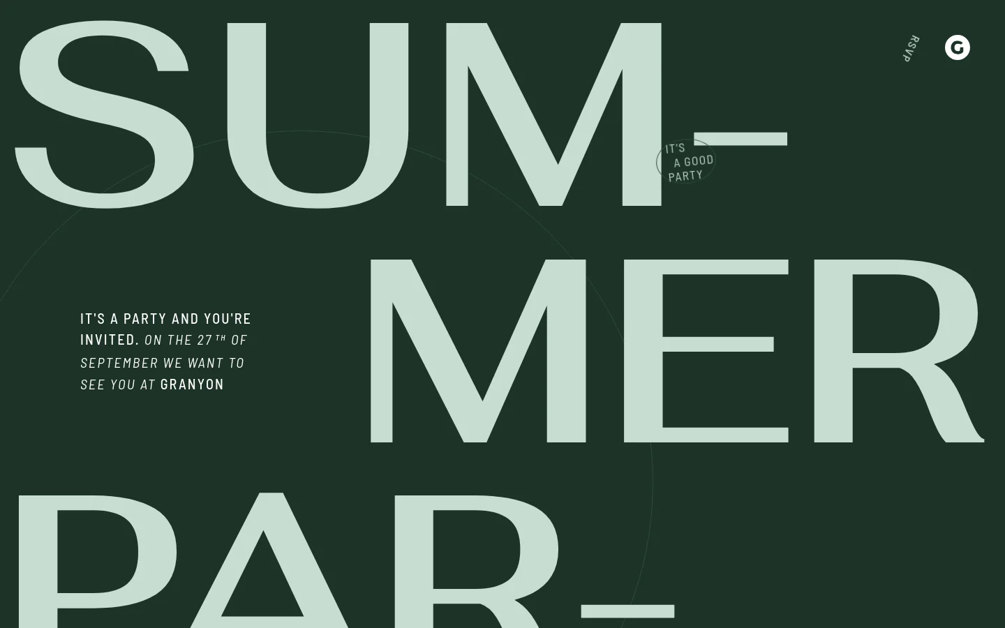 The desktop homepage features a dark green background with massive, light mint-colored typography that spells out 'SUMMER PARTY' across the screen. A small RSVP link and a circular logo are positioned in the top right corner, while a block of text invites guests to the event on September 27th.