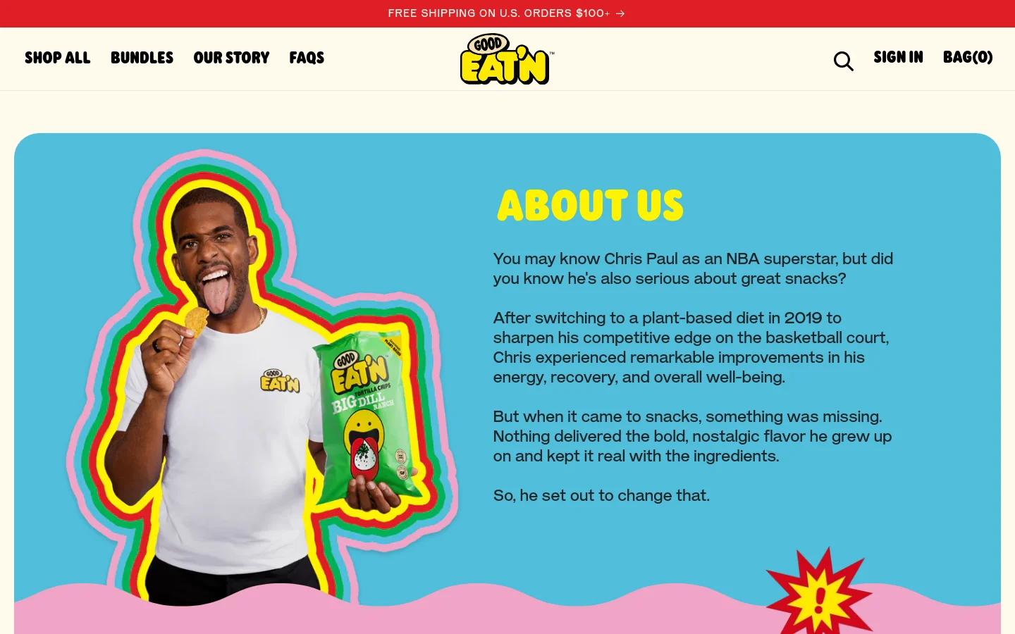 The desktop page features a bright blue hero section with a large photo of NBA star Chris Paul holding a snack chip and a bag of Good Eat'n Big Dill chips. To the right, bold yellow text reads 'ABOUT US' above several paragraphs of storytelling text. The layout is wide with a clean white navigation bar at the top and a red promotional banner.