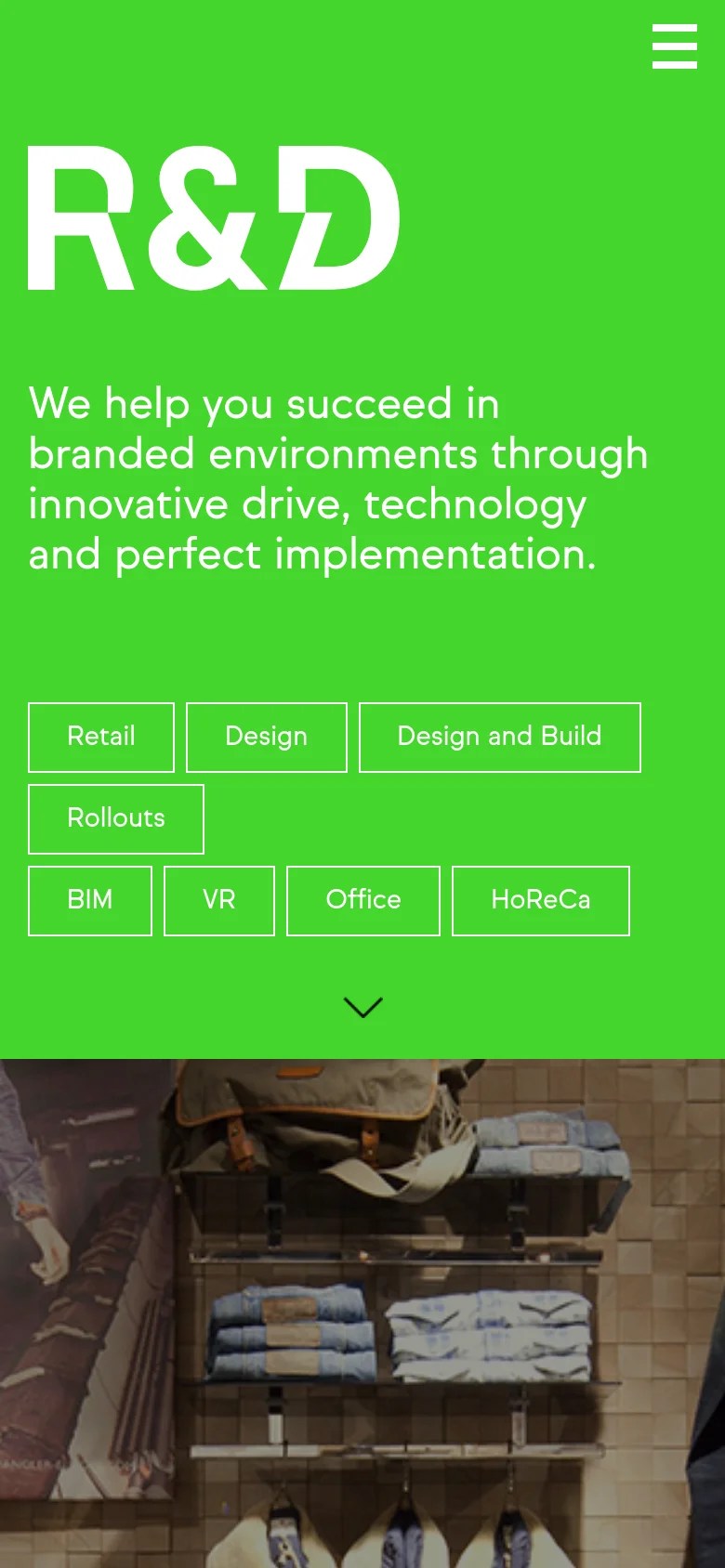 The mobile version maintains the bright green hero section and large white logo but stacks the content vertically. The service categories are arranged in a multi-row grid of buttons, and the navigation menu is condensed into a hamburger icon at the top right.