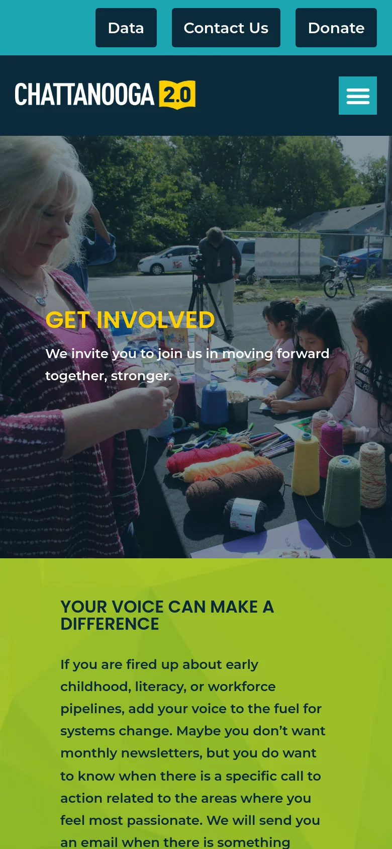 The mobile version displays a condensed header with a hamburger menu icon and stacked buttons for Data, Contact Us, and Donate. The hero image and text are scaled down to fit a narrow vertical viewport, maintaining the lime green color scheme and the central message of community involvement.