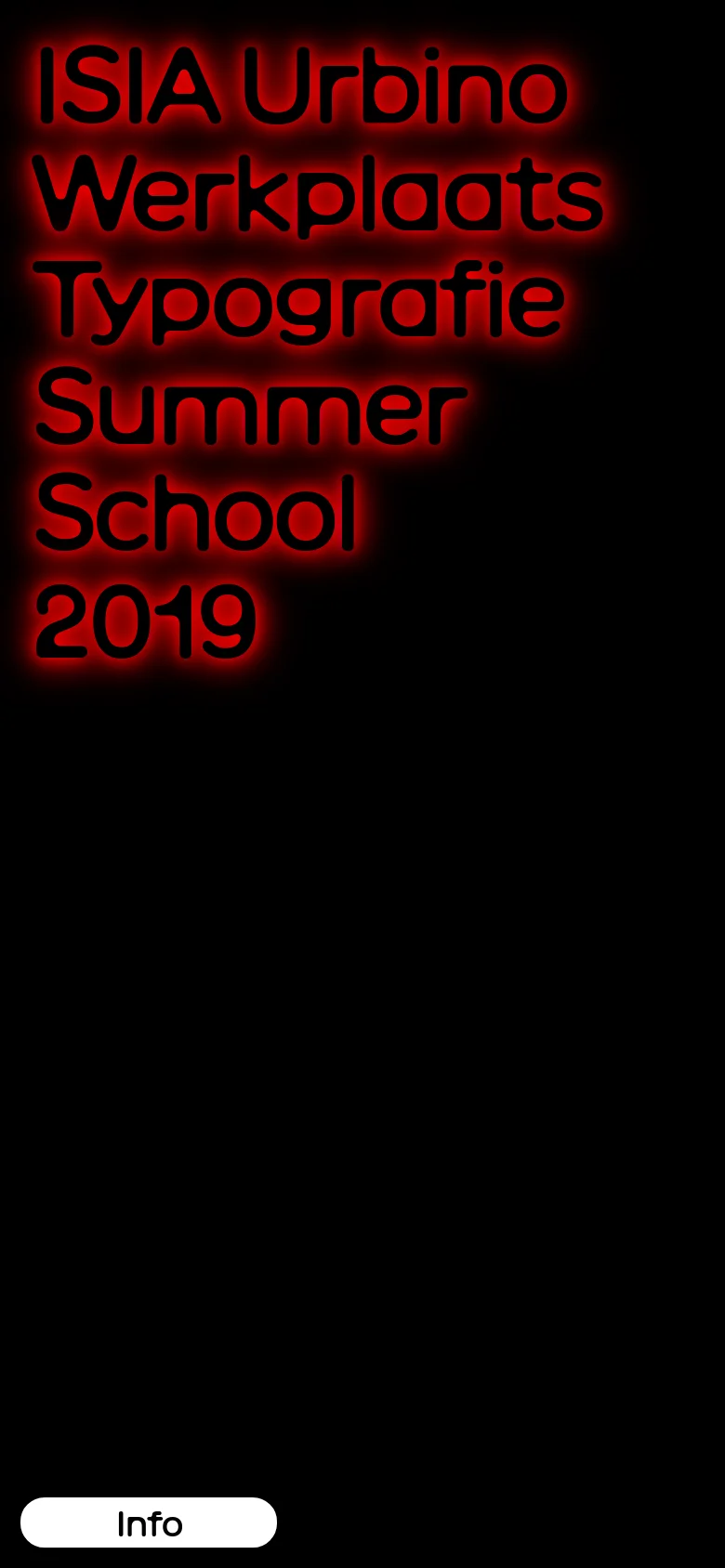 The mobile version maintains the black background and glowing red neon typography, but the text is stacked vertically to fit the narrow screen. A white rounded button labeled 'Info' is positioned at the bottom of the viewport.