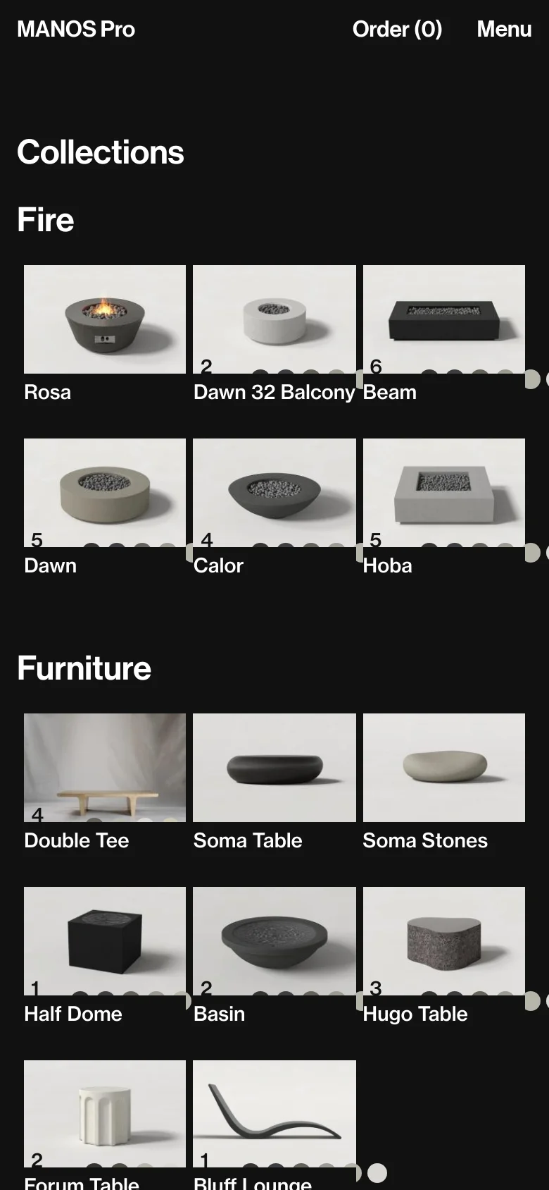 The mobile version of the Collections page uses a dark background with a simplified layout. The 'Fire' section displays product images in a smaller, vertically stacked or wrapped grid format, with the navigation moved into a 'Menu' button at the top right. The product names and size counts are positioned directly below each image for easy scrolling.