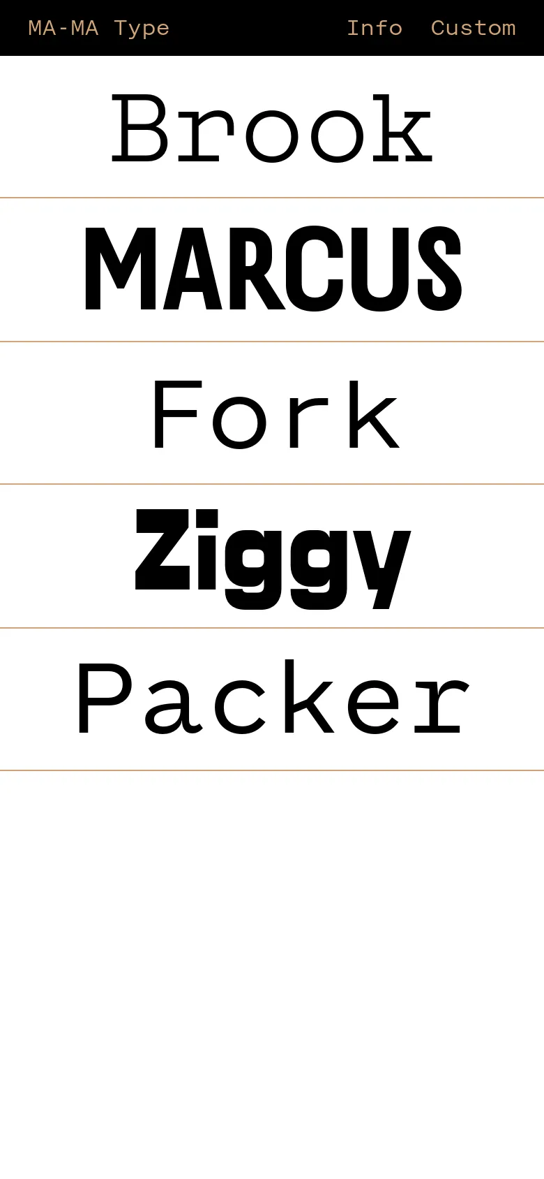 The mobile version maintains the minimalist aesthetic with a black header containing the brand name and condensed navigation links for Info and Custom. The font specimens are stacked vertically in a single column, filling the width of the screen with large, bold black text on a white background.